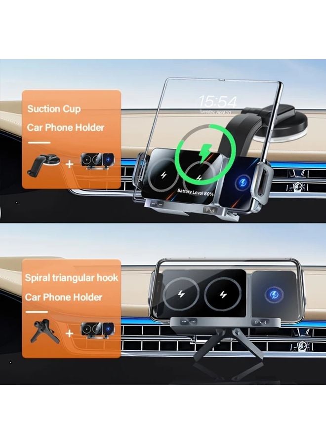 Grey 2 In 1 Rotating Car Phone Stand Wireless Charger 15W Fast Charging Foldable - Image 3